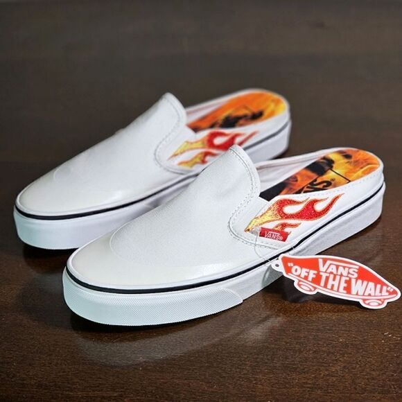 Vans X A$AP Worldwide Slip On White Shoes Mules Flames ASAP Rocky Collab Size 7 - Picture 1 of 11